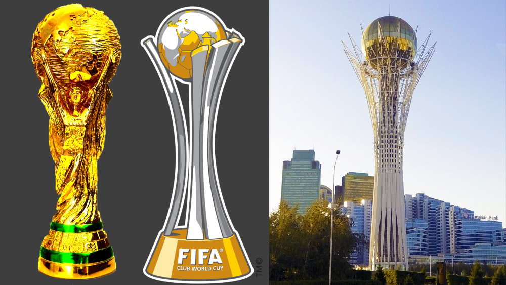 Vlevo poháry FIFA, vpravo věž v Astaně, skutečný zdroj inspirace. (Vytvořeno s použitím zdrojů Wiki Commons.)