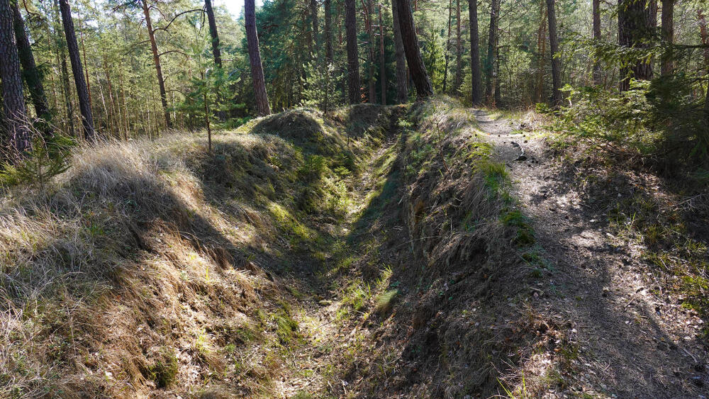 Val s příkopem, procházející vrcholem, může být pozůstatek nějaké vojenské činnosti.