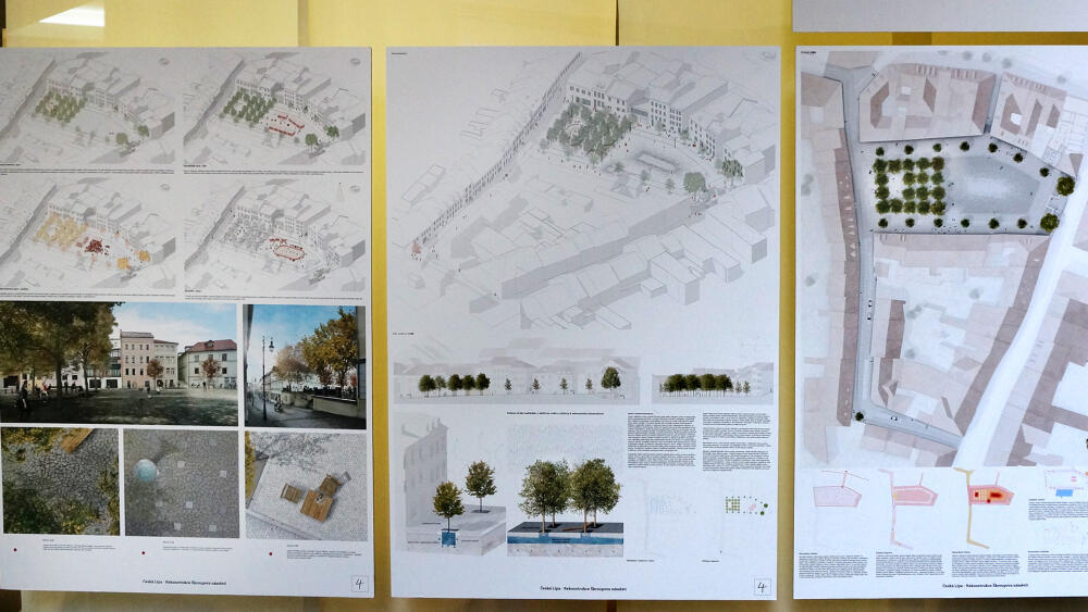 Výstavu prací nelze proletět během pár minut. Takto například vypadá panel studia M2AU. Vlevo je načrtnuta barevná vize proměn stromů během roku.
