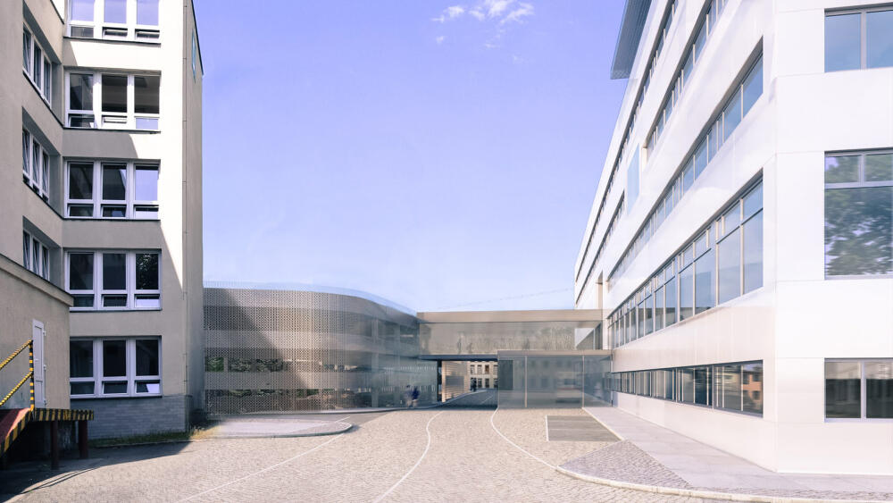 Vizualizace stavu za pár let, vlevo parkoviště, vpravo Centrum urgentní medicíny.