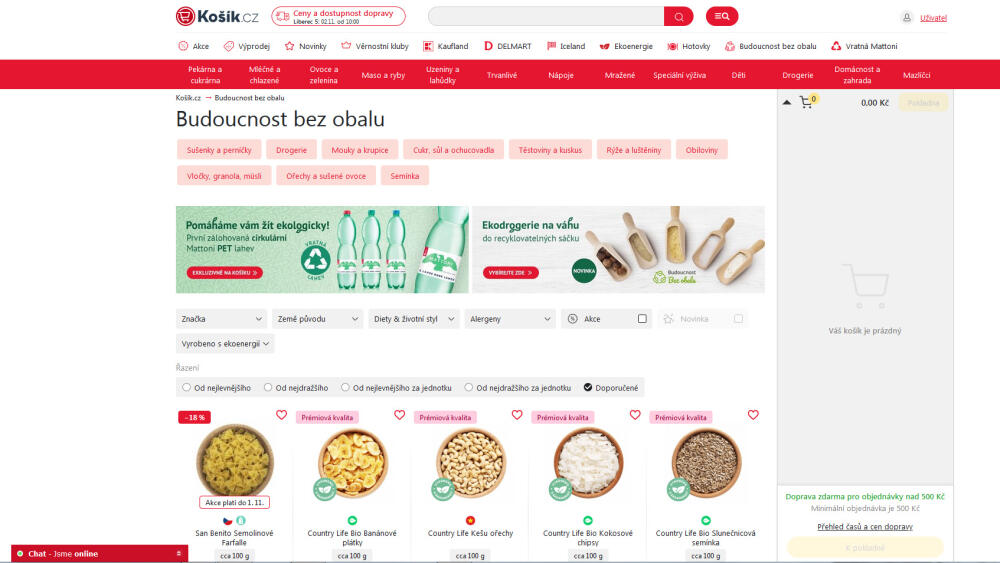 Košík.cz se snaží být ekologický. Ve spolupráci s Mattoni zavádí vratné lahve a plechovky a chcete-li, některé produkty vám naváží do sáčků.