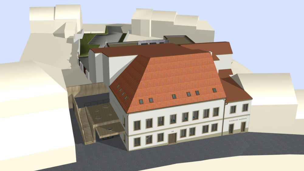 Jiráskovo divadlo, pohled z jižního směru, v popředí je Panská ulice. Vizualizace studia Adam Rujbr Architects s. r. o.