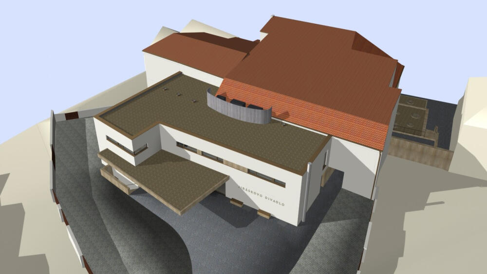 Jiráskovo divadlo, pohled od severu.  Vizualizace studia Adam Rujbr Architects s. r. o.