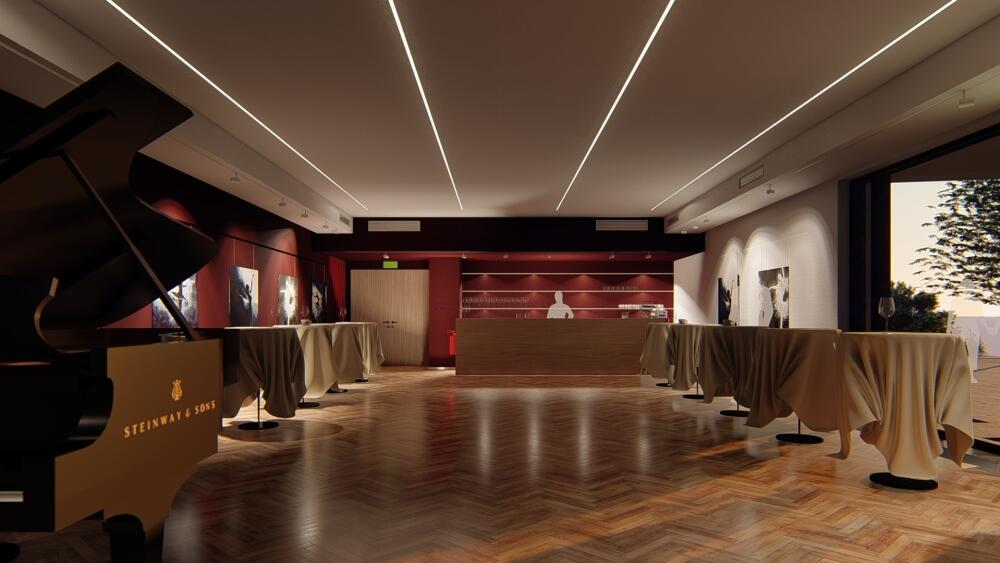 Divadlo bude mít dva foyery. Tento spodní má sloužit i pro komorní produkce. Vizualizace studia Adam Rujbr Architects s. r. o.