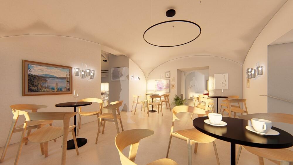 Pohled do divadelní kavárny, která bude fungovat samostatně. Vizualizace studia Adam Rujbr Architects s. r. o.