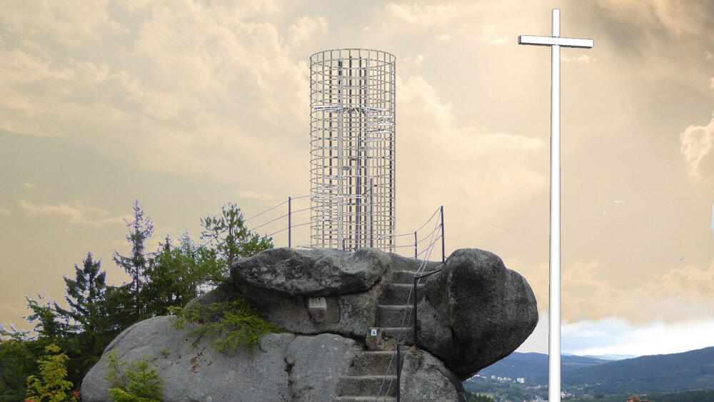 Z balvanu za současnou vyhlídkou snad časem vyroste subtilní konstrukce Neviditelné rozhledny, která by mohla vylepšit pohled k severozápadu. (Vizualizace: studio Mjölk)