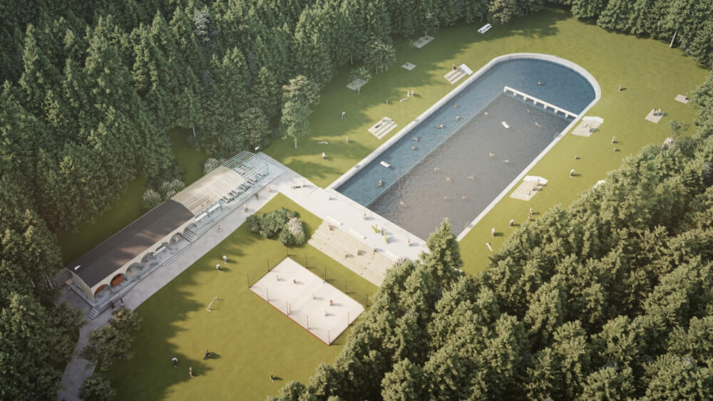 Vizualizace plánované revitalizace Lesního koupaliště podle představ studia Mjölk. 