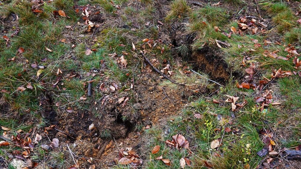 Jiný způsob nakypření zeminy tam, kam lžíce bagru nedosáhne. Zářezy podporují vsakování deště.