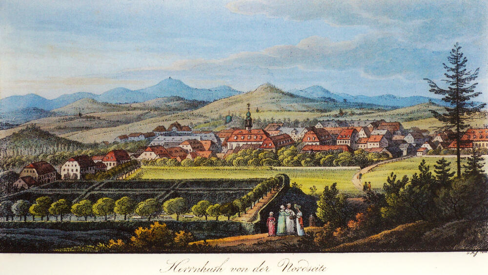 Herrnhut  třicet let po svém založení, tedy kolem roku 1753. (Reprofoto z muzea Herrnhutských hvězd.)