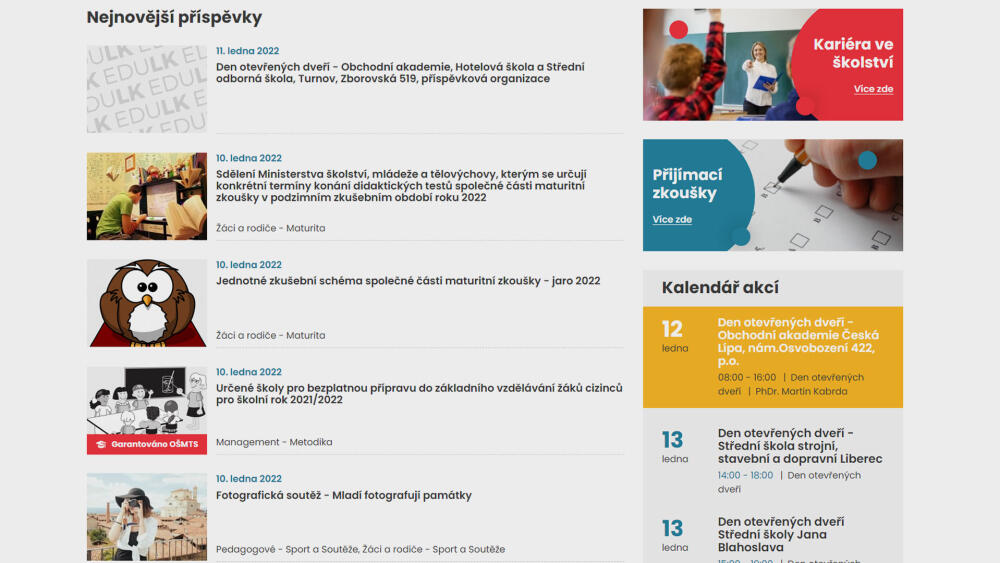 Střední sekce úvodní stránky portálu.