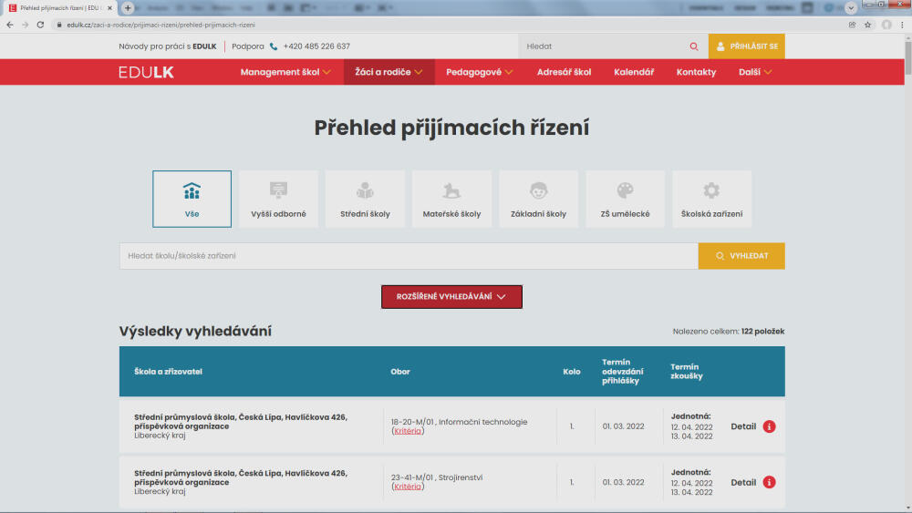 Úvodní obrazovka Přehledu přijímacích řízení.