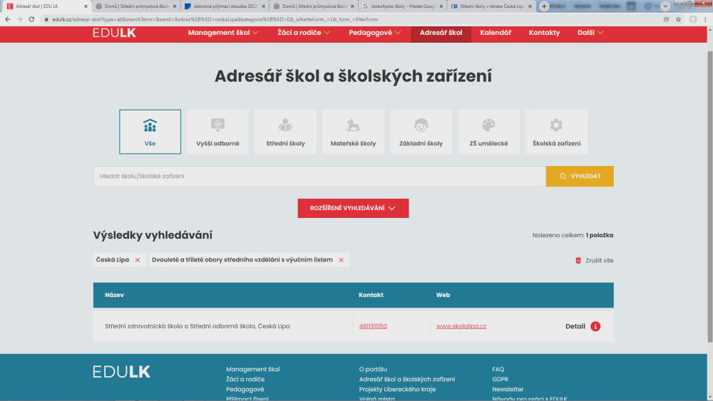 Adresář škol, použit rozšířený výběr parametrů okres Česká Lípa, dvou a tříleté učební obory... kontrola, viz další screenshot, bohužel ukáže, že edulk.cz zapomněl na školu v Novém Boru.