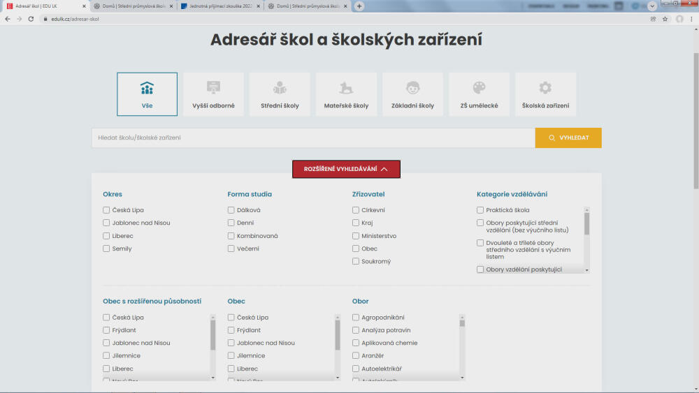 Adresář, rozšířená nabídka.