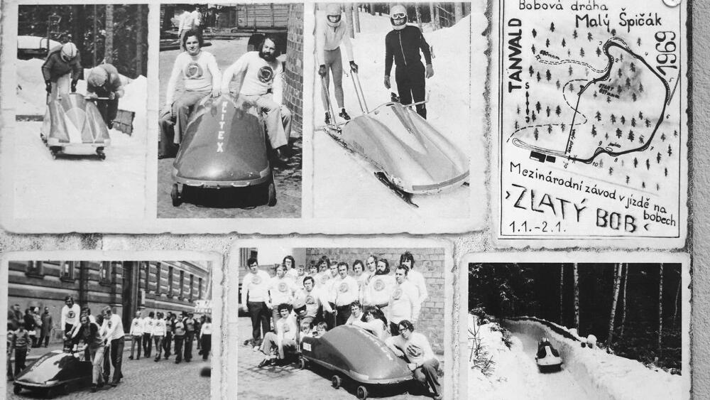 Fotky bobové dráhy z období její největší slávy. Vpravo nahoře je plánek trati v roce 1969. Patrná je i trasa bobyvleku.