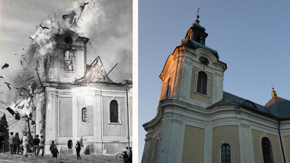 Věž v okamžiku zborcení (foto převzato z infopanelu) a po opravě.