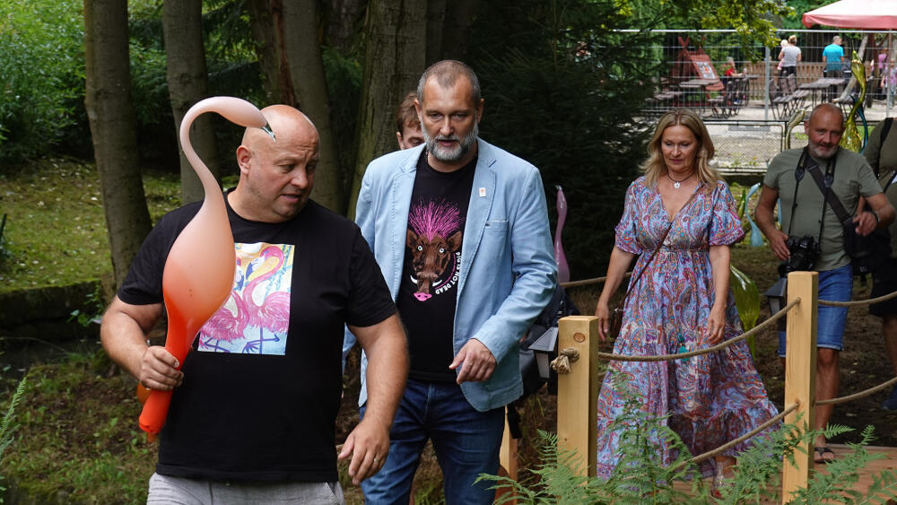 Jiří Pačinek nese jednoho z celkem 42 plameňáků k slavnostnímu křtu nové atrakce liberecké ZOO.