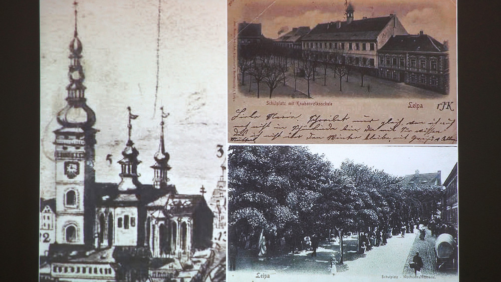 Jediné dochované vyobrazení kostela sv. Petra a Pavla a dobové fotografie náměstí.