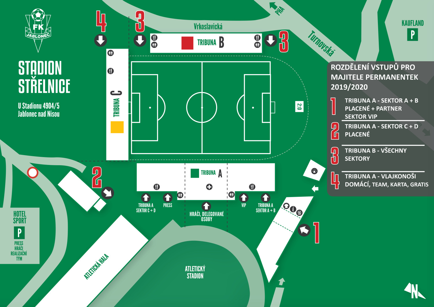 Grafické rozdělení jednotlivých vstupů na stadionu