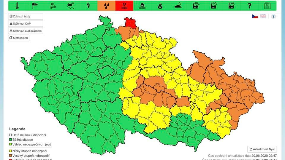 Mapa meteorologických výstrah, zdroj: ČHMÚ