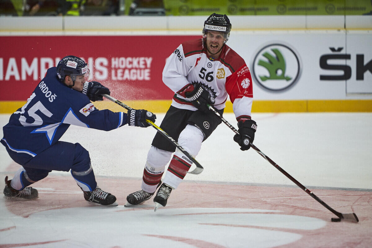 Jan Ordoš dotírá na soupeře ze švédské Frölundy, foto: www.hcbilitygri.cz
