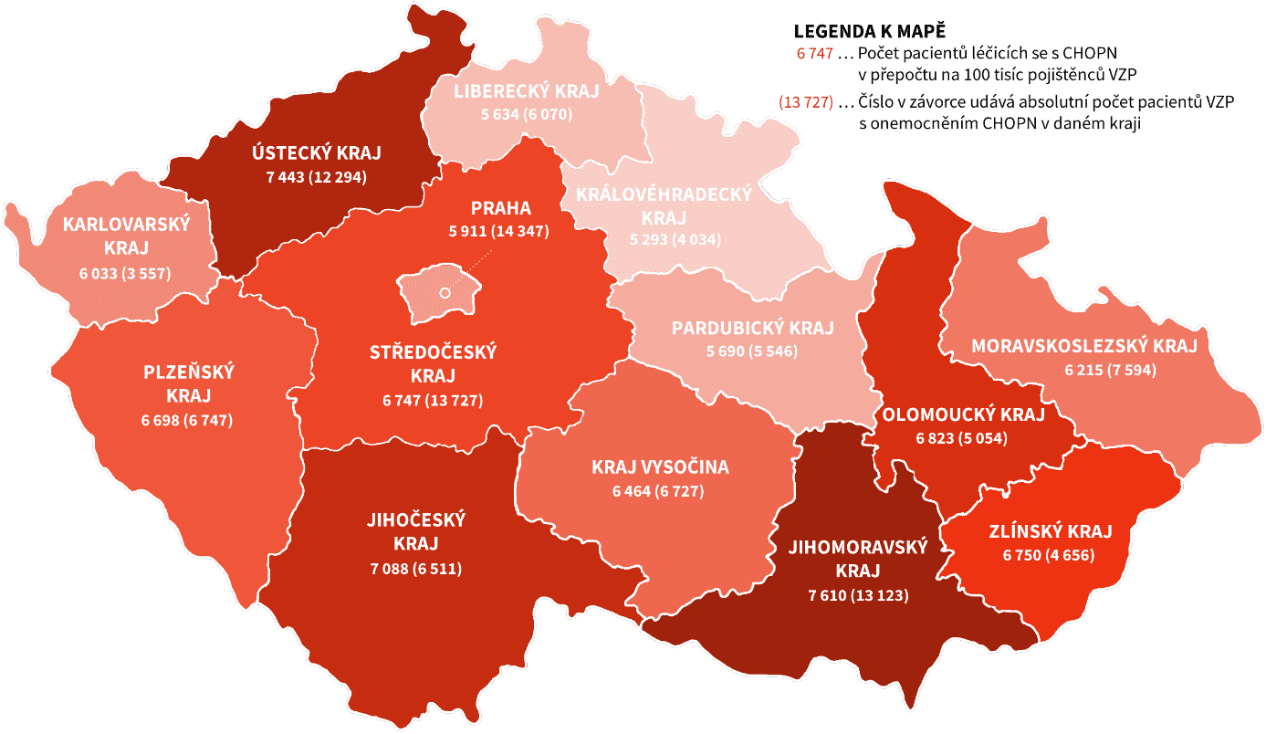 Klienti VZP s CHOPN dle krajů