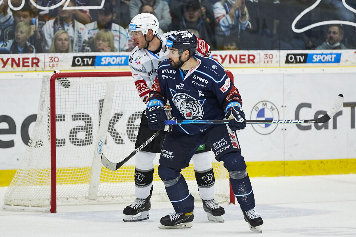 Michal Birner v souboji s hráčem Karlových Varů, foto:www.hcbilitygri.cz