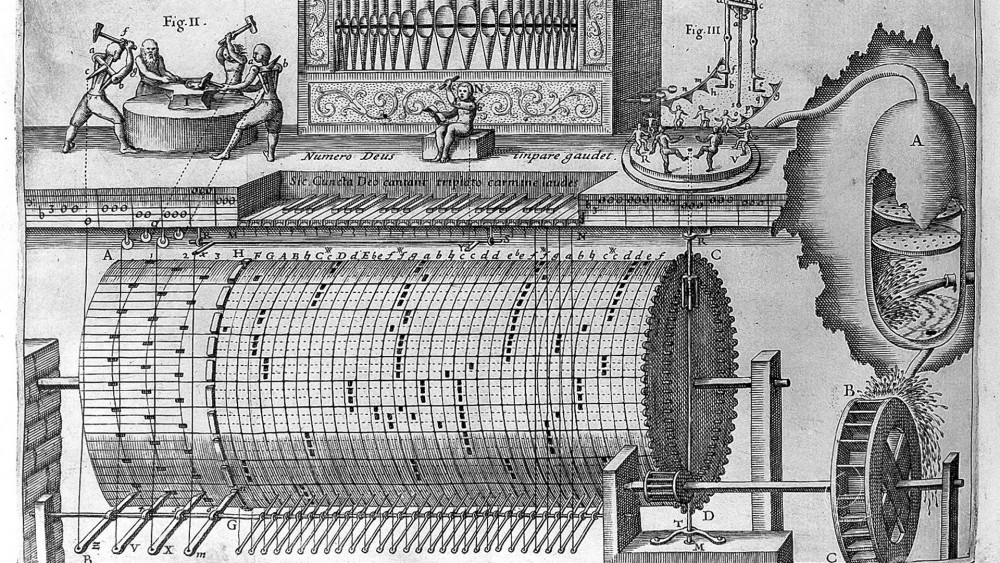 Schéma mechanického hracího stroje z díla Musurgia universalis (1650) Athanasiuse Kirchera, který je někdy považován za posledního renesančního člověka, tedy učence se všemi znalostmi své doby. (Reprodukce: Wiki Commons)