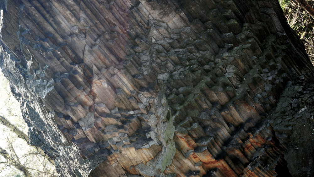Na Dutém kameni je sloupcová odlučnost pískovce viditelná na několika místech. Foto zachycuje detail asi nejlepšího exempláře, skalního suku o výšce zhruba 2,5 m, který stojí uprostřed hřbetu.