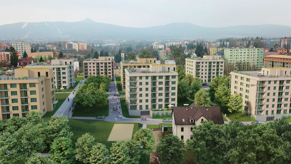 Vizualizace. V novou rezidenční čtvrť se do tří let promění zchátralý areál někdejší textilní továrny Interlana v Liberecké části Františkov. Zahrada Gallas nabídne sedm domů se 300 byty, zhruba polovina budou byty družstevní. 