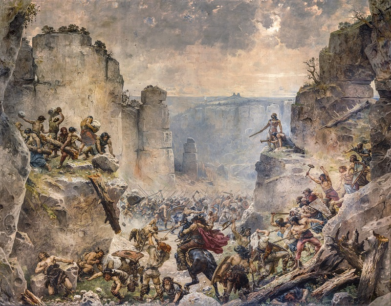 Co se skutečně stalo pod Hrubou Skálou? A stalo se vůbec něco? Znázorňuje slavný obraz skutečnou historickou bitvu, nebo jen romantickou představu o dávné slávě Slovanů? Repro obrazu: FB Muzeum Českého ráje v Turnově